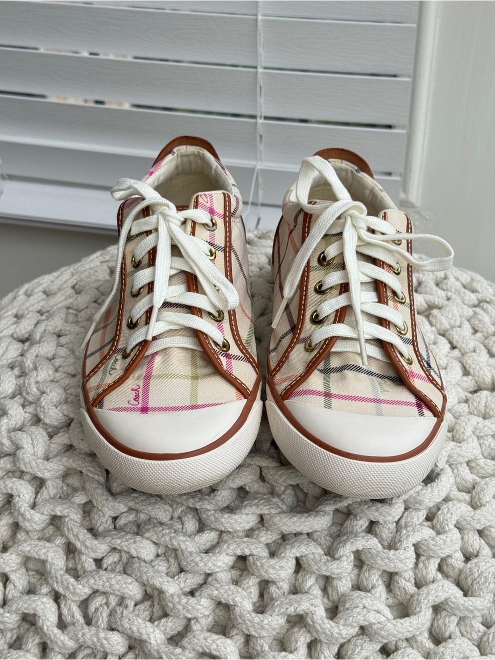 Coach Barrett Plaid Canvas Sneakers Women’s Size 10M Brown Trim Lace Up Shoes - Picture 8 of 13